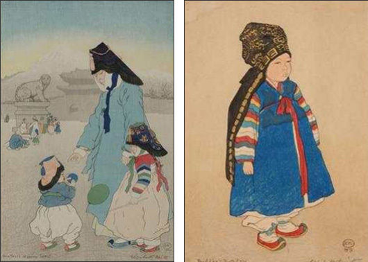 <영국 화가 엘리자베스 키스 판화 속 한복 차림(1919년)(사진 제공: 국립민속박물관)>