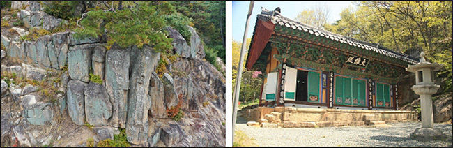 경주 표암(기념물) - 왼쪽, 백률사 대웅전(문화재자료)