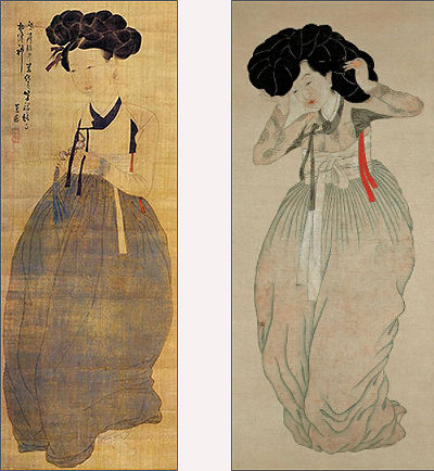 혜원 신윤복(1758 ~?)의 <미인도>, 114.2×45.7㎝, 간송미술문화재단 소장 - 왼쪽 / 공재 윤두서의 손자 윤용의 <미인도>, 117.0×49.0㎝, 해남 녹우당 소장
