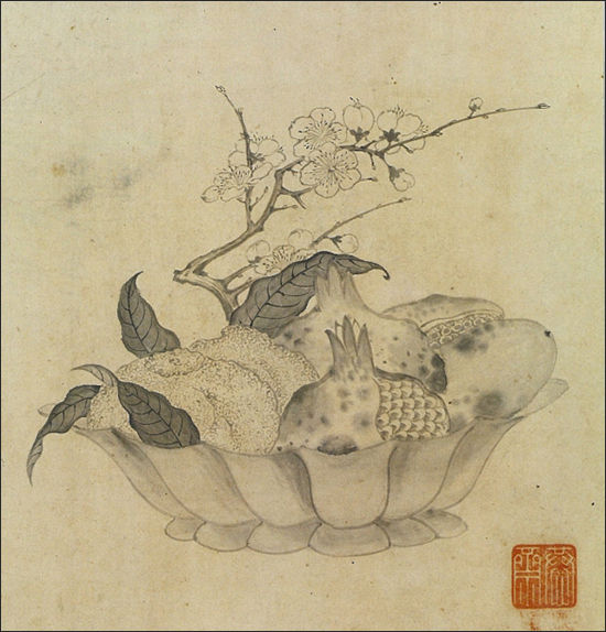 <석류매지도(石榴梅枝圖)>, ‘윤씨가보’ 가운데 도15, 종이에 수묵담채(紙本水墨淡彩), 30×24.2cm