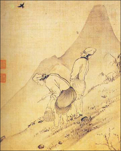 <나물 캐는 여인>, ‘윤씨가보’ 가운데 도16, 18세기 초, 비단에 담채, 30.2×25cm