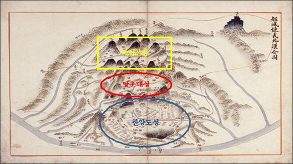 한양도성-탕춘대성-북한산성이 한폭에 그려진 도성연융북한합도 (19세기 전반, 서울대 규장각 소장)