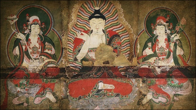 박갑숙 작, 양산 신흥사 약사삼존불도 외벽에 그린 약사삼존도