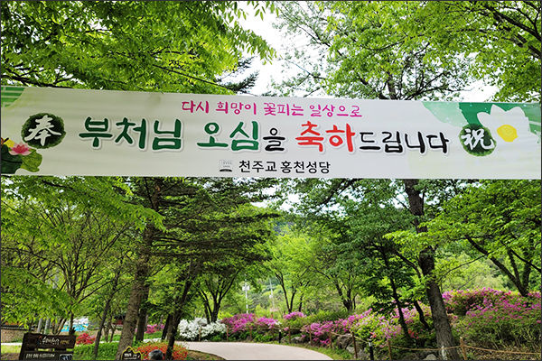 천주교 홍천성당 펼침막이 내걸린 홍천 수타사 입구