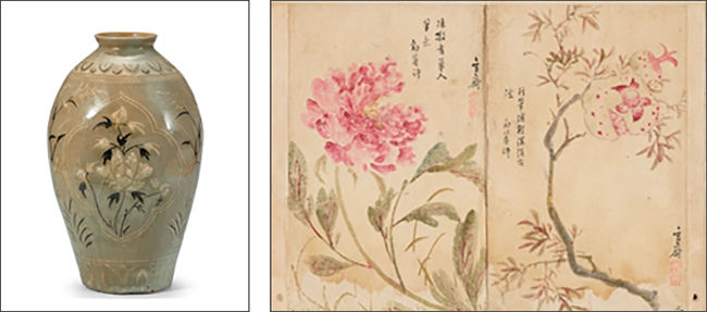 모란과 갈대무늬 병, 고려 13세기, 국립중앙박물관 소장(왼쪽) / 란 그림, 심사정(1707-1769), 국립중앙박물관 소장