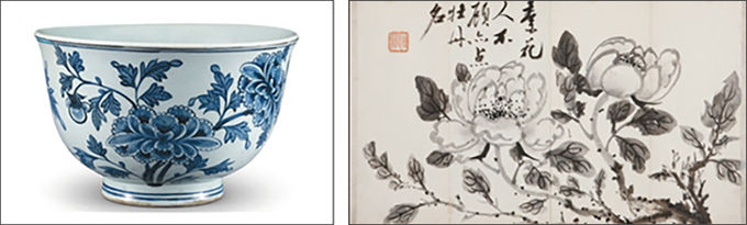 백자청화 모란무늬 발, 국립중앙박물관(왼쪽) / 모란 그림, 허련(1809-1892), 국립중앙박물관 소장