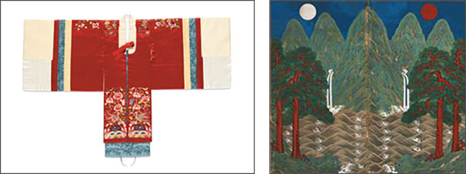 혼례복(활옷), 조선, 국립중앙박물관(왼쪽) / 일월오봉도, 조선 19세기, 국립중앙박물관 소장