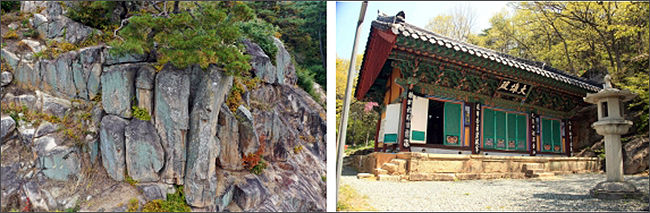 경주 표암(기념물, 왼쪽), 백률사 대웅전(문화재자료)
