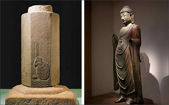 이차돈 순교비(왼쪽), 백률사 금동약사여래입상(국보)