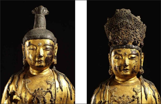 금동관음보살 입상(왼쪽) 및 금동대세지보살 입상 얼굴