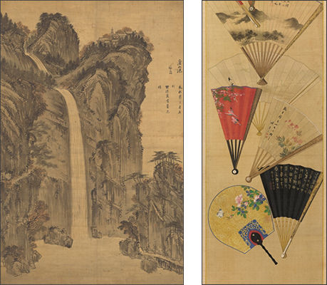 여산폭포도, 정선(1676~1759) 조선 18세기 중반, 100.3X64.2cm(왼쪽), 부채와 나비(부분) 박기준(19세기활동), 143.9X34.5cm