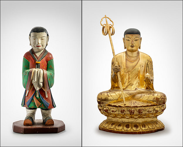 목조동자입상, 25 × 17.5 x 55, 목아박물관, 18세기(왼쪽) / 지장보살상, 60 × 78 x 105, 목아박물관, 20세기