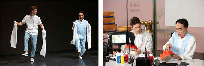 「함께 체험해요 한국 무형유산」 교육영상 촬영 모습 ‘파비앙(Fabien Yoon)’과 국가무형문화재 봉산탈춤 이수자 ‘김종해’