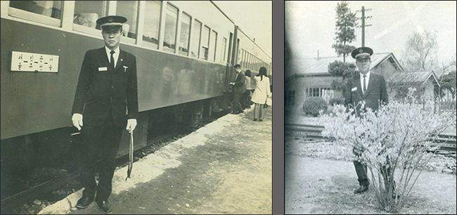 진주역 운전조역 근무 당시 사진 1(서울-진주-순천-서울 간 표지판 배경, 1969년∼1971년경) -왼쪽 / 진주역 운전조역 근무 당시 사진 2(진주역사 배경, (1969년∼1971년경)
