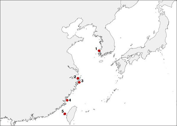 뿔제비갈매기 전 세계 번식지 현황 / 1. 육산도, 2. 우즈산섬(Wuzhishan), 3.지우산섬(Jiushan), 4. 마주섬(Matzu), 5. 펑후섬(Penghu)