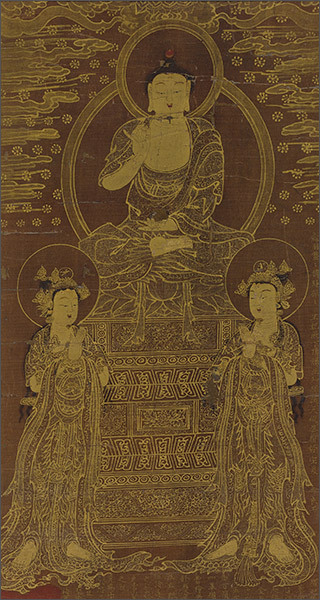 〈‘회암사’ 글씨 약사여래삼존도〉, 조선 1565년, 비단에 금니, 54.2×29.7cm, 보물 제2012호
