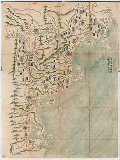 조선팔도여지전도(朝鮮八道輿地全圖), 18세기, 중엽 종이에 묵서와 채색, 성신여자대학교박물관 소장