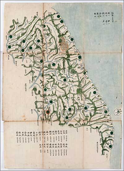 동국지도(東國地圖), 1800~1822년, 종이에 묵서와 채색, 성신여자대학교박물관 소장