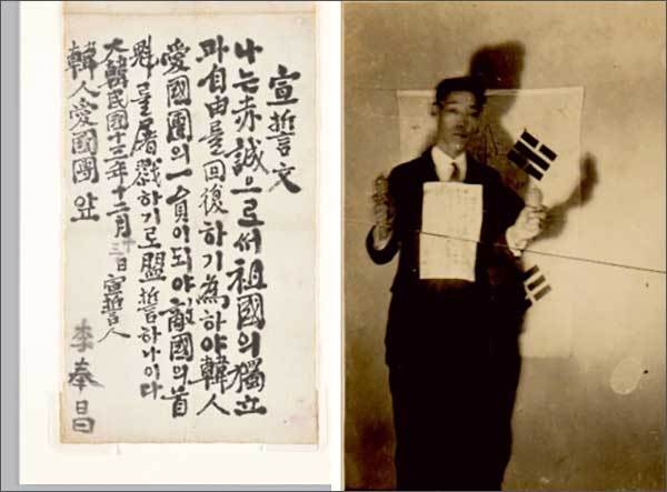 <strong>「이봉창 의사 선서문(李奉昌 義士 宣誓文)」 - 국가등록문화재, </strong><이봉창 의사 한인애국단 입단 기념사진(독립기념관 제공)