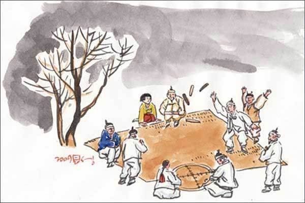 ▲ 국가무형문화재가 된 추임새문화 윷놀이(그림 이무성 작가)