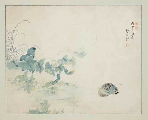<자위부과도(刺蝟負瓜圖)>, 1788년, 긍재(兢齋) 김득신(金得臣), 고슴도치가 오이를 이고 달아나는 모습을 그린 그림이다. 오이는 씨가 많고, 고슴도치는 많은 가시를 가지고 있어 모두 다산(多産)을 의미한다.