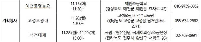 11월 국가무형문화재 공개행사 및 전승자 주관 기획행사 일정