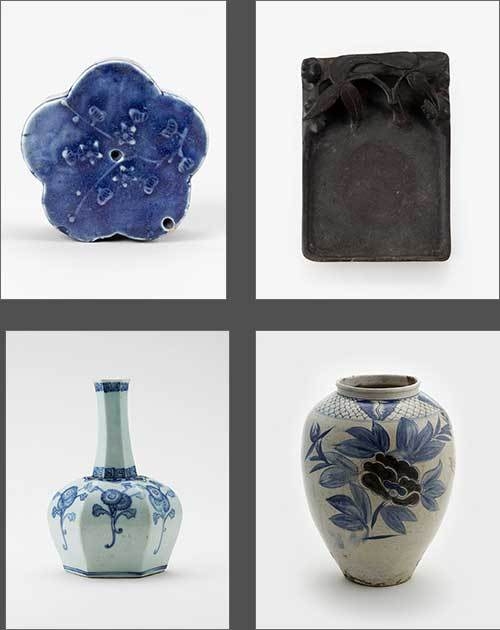 매화형 연적(조선), 대나무 문양 벼루(조선), 백자청화철화모란문호(조선), 백자청화국문육각병(조선) - 왼쪽부터 시계 방향