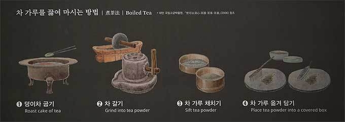 가루차(말차)를 끓여 마시는 방법. 요즈음 주로 마시는 잎차가 아니라, 잎차를 가루를 내어 말차를 만드는 방법