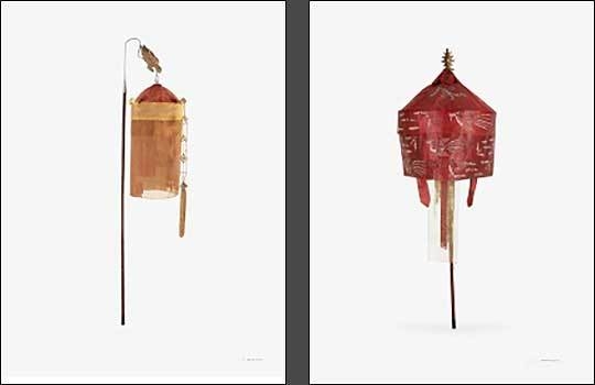 주작당, 깃발의 한 종류로 원통 형태의 의장물(왼쪽) / 칠봉개, 일곱 마리의 봉황과 운문을 장식한 붉은 비단의 덮개를 씌운 의장물