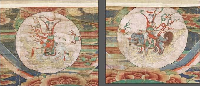 <서울 청룡사 비로자나불 삼신괘불도 - 코끼리를 탄 보현동자(왼쪽) / - 사자를 탄 문수동자