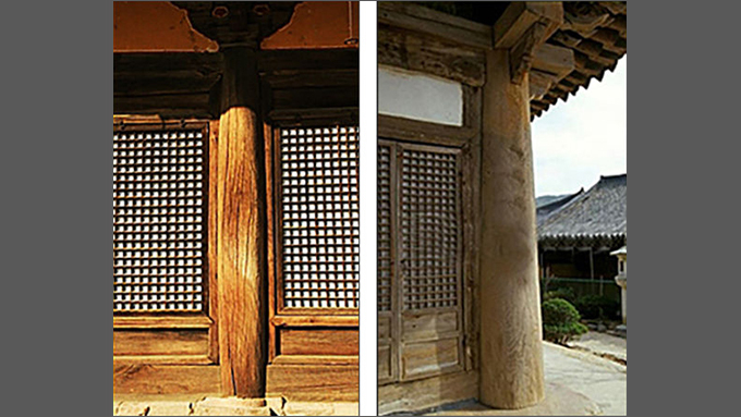 영주 부석사 무량수전 ‘배흘림기둥(왼쪽), 양산 통도사 대광명전 ’민흘림기둥‘