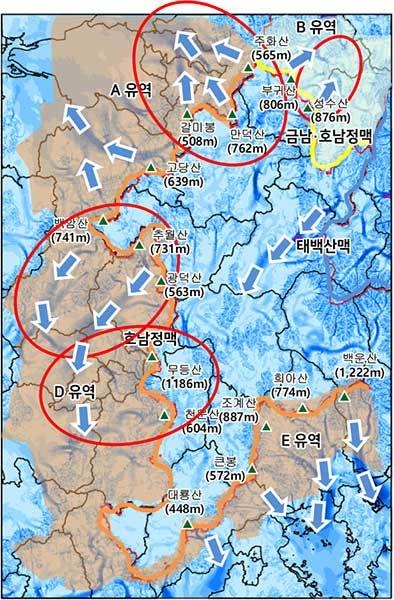 정맥 외부 유역별 찬공기 흐름도