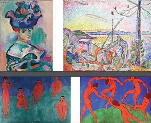 앙리 마티스의 그림들(머자를 쓴 여인-1905, 호사ㆍ평온ㆍ관능-1905, 춤-1910, 음악-1910 / 왼쪽부터 시계방향)