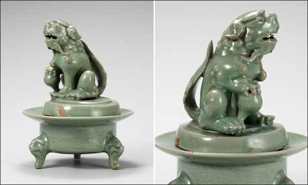 ’청자 사자 장식 향로‘, 고려 12세기, 높이 26.3 cm, 국보(왼쪽), 청자 사자 장식 향로 부분