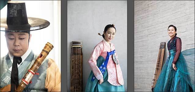 민속악단 대금 ‘원완철’, 정악단 거문고 ‘이방실’, 창작악단 거문고 이선희’(왼쪽부터)