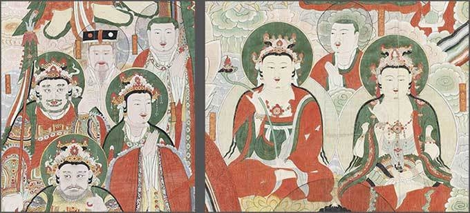 왼쪽 -청양 장곡사 괘불의 아난존자(오른쪽 위), 제석천(오른쪽 아래) 광목천왕(맨 왼쪽) 부분 / 청양 장곡사 괘불의 문수보살, 관음보살 부분
