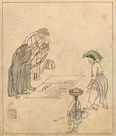 김홍도(金弘道), 《단원풍속도첩(檀園風俗圖帖)》 가운데 〈시주〉, 여자아이 손에 담뱃대가 들려있다.(출처: 국립중앙박물관)<br>
