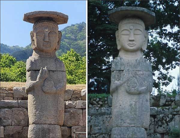 보수작업 뒤 공개된 석불(왼쪽), 보수작업 전에 촬영된 석불