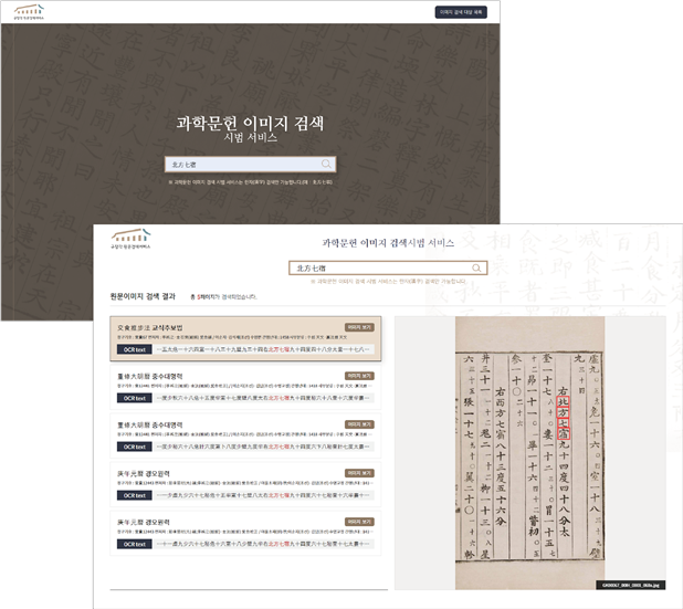 그림 4 OCR 기술을 이용한 고문헌 이미지 검색 서비스: 검색어 ‘北方七宿’(북두칠성)의 검색 결과