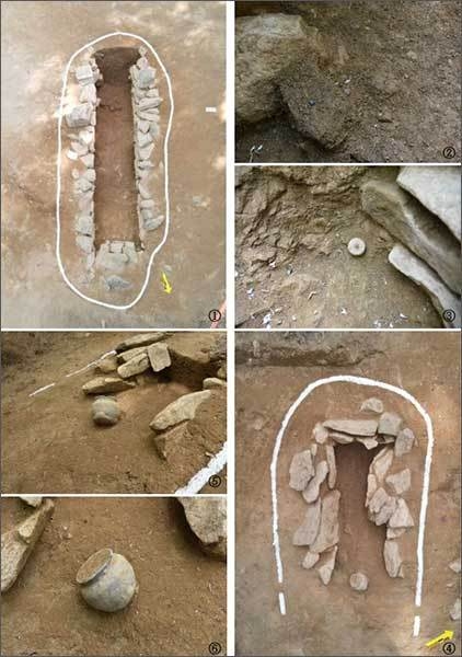 2호 석곽묘 조사 뒤 전경(①), 2호 석곽묘 출토유물 모습(②,③), 3호 석곽묘 조사후 전경(④), 3호 석곽묘 출토유물 모습(⑤,⑥)
