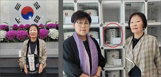 유해를 메고 납골당(충혼당)으로 향하는 배국희 씨(왼쪽), 유해 봉안의 전 과정은 직원 1명과 배국희 씨 혼자서 지켜봤으며 동행 취재한 기자가 이날 배경진, 이석금 부부의 80년 만의 해후 뒤 봉안된 납골함 앞에서 사진을 찍었다.(오른쪽)