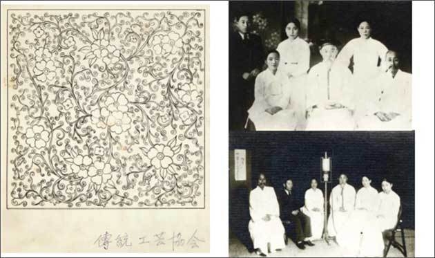 고 김봉룡 보유자의 ‘꽃당초무늬 도안’(왼쪽) / 고 김소희 보유자의 ‘소리 스승들과 찍은 사진