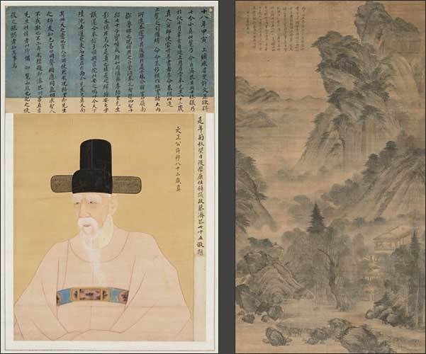 이명기, <허목 초상>, 1794년, 비단에 색, 72.1x56.8cm, 국립중앙박물관(왼쪽) / 정선, 〈하경산수도〉, 18세기 전반, 견본수묵, 179.7×97.3cm, 국립중앙박물관