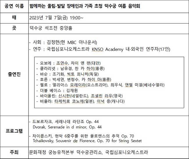 함께하는 울림-발달 장애인과 가족 초청 덕수궁 여름 음악회 프로그램
