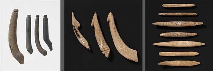 이음낚시 축, 동해 망상동 출토, 신석기시대, 길이 13.1cm(왼쪽), 국립중앙박물관 / 이음낚시 바늘, 부산 동삼동 출토, 신석기시대, 길이 3.9cm(왼쪽), 국립중앙박물관 / 역T자형 낚시, 부산 동삼동 출토, 길이 6.3cm(아래), 국립중앙박물관 