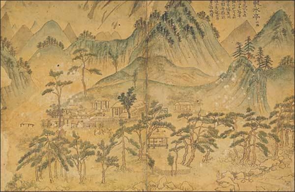 조세걸(曺世傑, 1636~1705 이후), <농수정(籠水亭)> 《곡운구곡도첩(谷雲九曲圖帖)》 제8면, 조선 1682년 제작, 종이에 채색, 각 폭 42.5×64.0cm, 국립중앙박물관