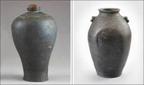 도기 매병(고려 13세기, 마도2호선, 국립해양문화재연구소) -왼쪽, 양온(良醞)명 도기 편호(고려, 서울역사박물관, 서울시 유형문화재)