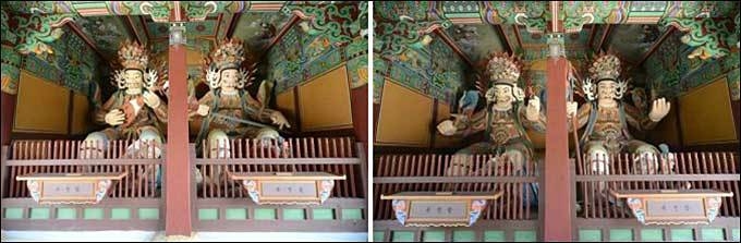 <영광 불갑사 목조사천왕상> 북방다문천왕, 동방지국천왕(왼쪽) / 남방증장천왕, 서방광목천왕