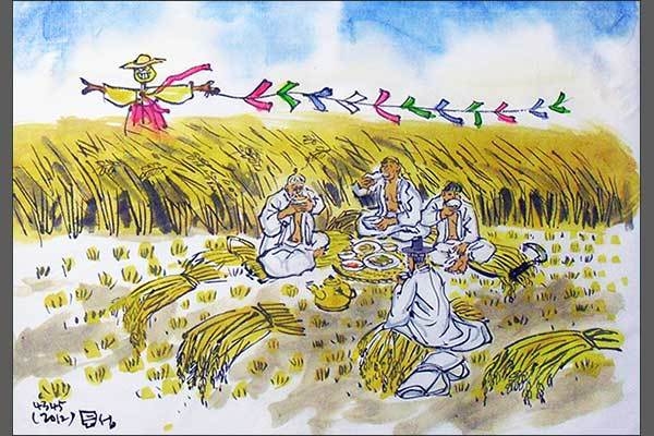 가을걷이 중 새참 때, 지나가는 길손과도 막걸리를 함께 마셨다.(그림 이무성 작가)