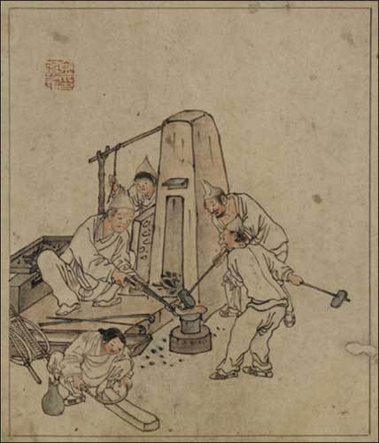<대장간>, 《단원풍속도첩》, 김홍도, 조선 18세기, 39.7 x 26.7 cm, 보물<br>
단원 김홍도의 그림 소재는 다채롭고 생생하여 마치 조선시대에 다녀온 듯한 기분을 느끼게 합니다.